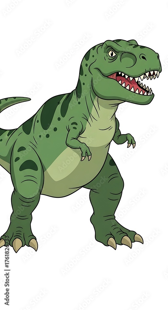 Fototapeta premium A cartoon Tyrannosaurus Rex in a vibrant green hue with dark green spots. It has a menacing expression, visible teeth, and sharp claws
