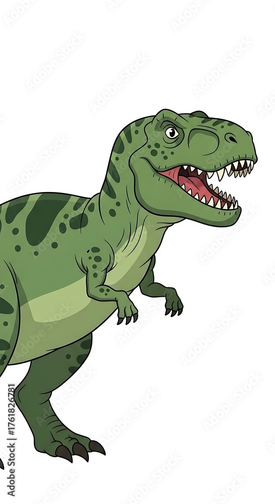 Obraz premium A cartoon Tyrannosaurus rex with green skin and spots, standing with a menacing gaze and open mouth
