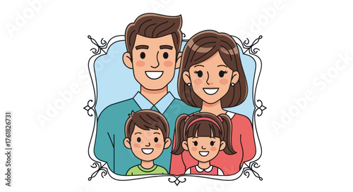 Happy Cartoon Family Portrait Illustration with Parents and Two Children.