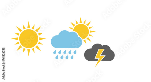 Colorful Weather Icons Depicting Sun Clouds Rain and Storms.