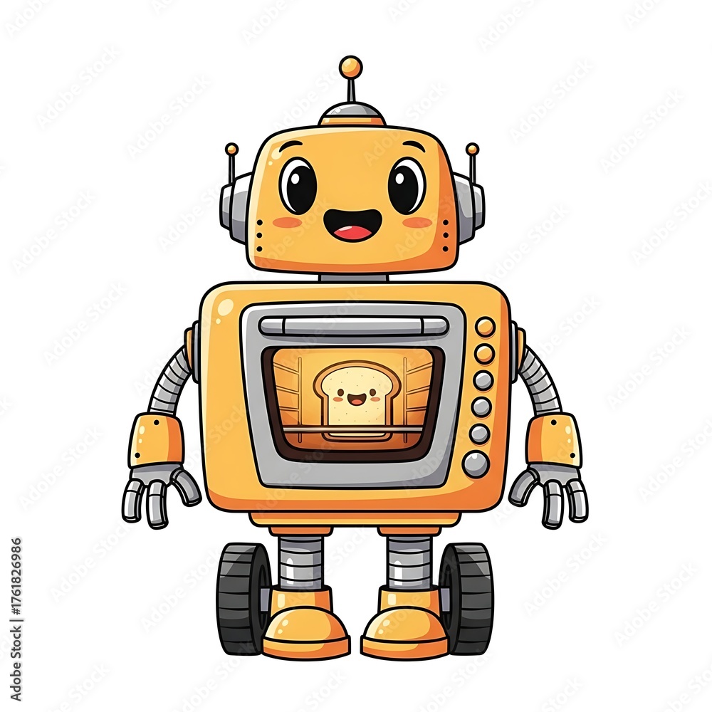 custom made wallpaper toronto digitalA cartoonish robot toaster with a friendly face, arms, and legs. A piece of toast is visible inside
