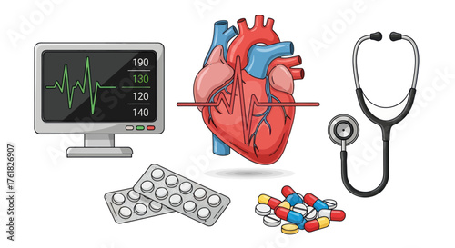 Medical Illustration Featuring Heart Monitor Stethoscope and Medication.
