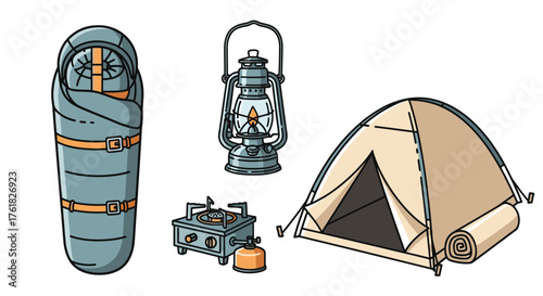 Camping Gear Essentials: Sleeping Bag Lantern Stove and Tent.