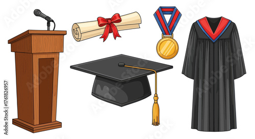 Graduation Ceremony Symbols: Podium Diploma Cap Gown and Medal.