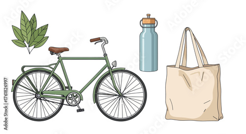Eco-friendly lifestyle objects: bicycle reusable water bottle tote bag and leaves.