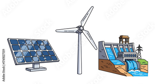 Renewable Energy Sources Illustration: Solar Panel Wind Turbine Hydroelectric Dam.