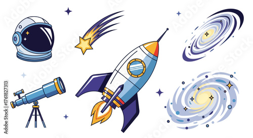 Space Exploration Elements: Astronaut Helmet Rocket Telescope Comet and Galaxies.