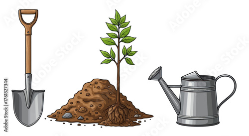 A hand-drawn illustration of gardening tools featuring a shovel a young tree sapling in soil and a metal watering can.