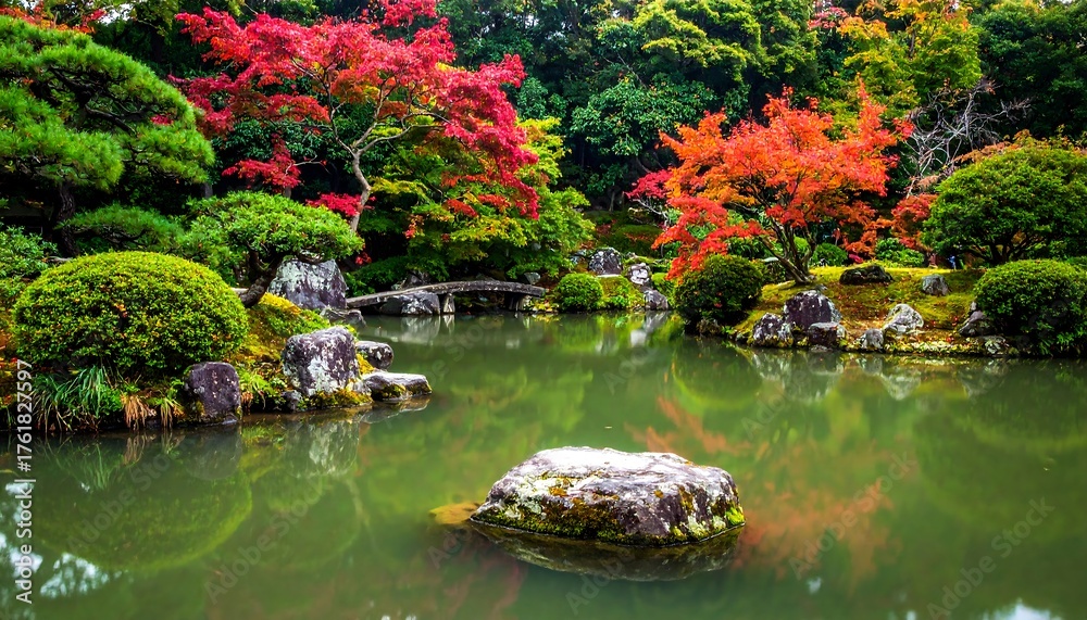 Obraz premium Japanese Garden Serenity - Autumn Colors Reflecting in Pond.