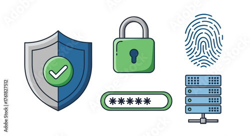 Digital Security Icons: Shield Padlock Fingerprint Password Server.