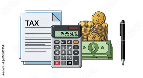 Tax Form Calculator Money and Pen for Financial Planning.