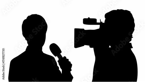 Silhouette of reporter with microphone and cameraman with camera on shoulder in black and white image