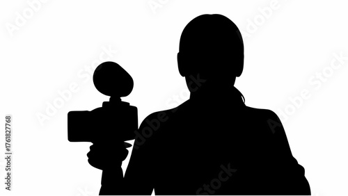 Silhouette of a person holding a microphone in their hand against a white background in a studio setting