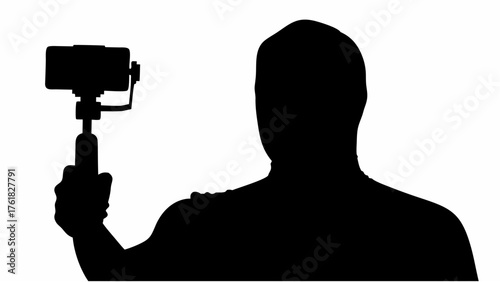 Silhouette of a person holding a camera stabilizer with a camera attached to it in a white background
