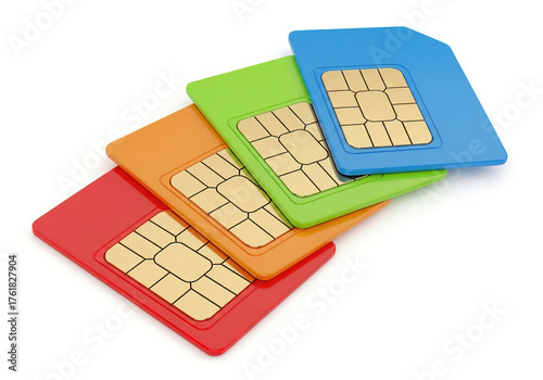 A stack of colored SIM cards. A stack of four different SIM cards—red, orange, green, and blue—arranged crosswise on a white background.