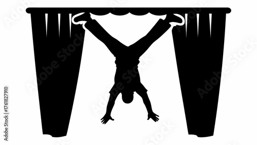 Silhouette of person doing a handstand under a black structure with five white circles on a white background