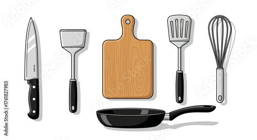 Kitchen Utensils Set: Knife Spatulas Cutting Board Whisk and Frying Pan.