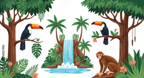 Colorful Toucans and Monkey in a Lush Jungle Scene.