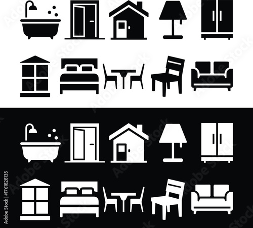 Black and White Solid Home and Furniture Icon Set – Minimal Vector Silhouettes Collection