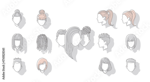 Collection of diverse female hairstyles illustrations with subtle color accents.
