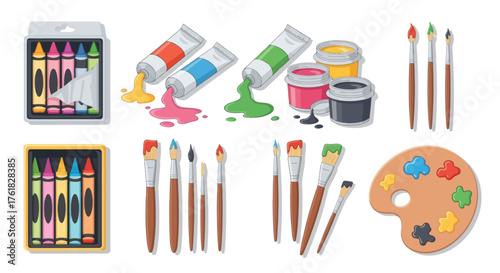 Colorful Art Supplies: Crayons Paint Tubes Brushes and Palette for Creative Projects.