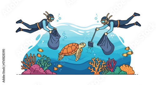 Scuba divers cleaning polluted ocean collecting trash near coral reef and sea turtle.