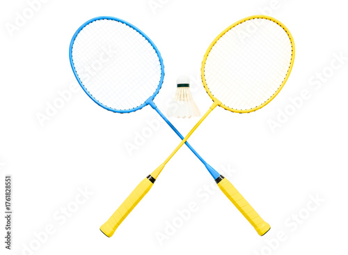 Two badminton rackets crossed with shuttlecock isolated on transparent background