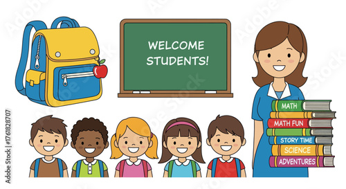 Cartoon Students Teacher Backpack and Chalkboard Welcome Message.