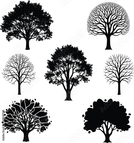 Tree silhouettes collection, botanical diversity, forest shapes, leafless branches, canopy forms, nature illustration, vector trees, seasonal design, black silhouettes, artistic ecology