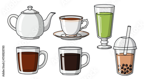 Assortment of Various Beverages in Cups and Teapot.