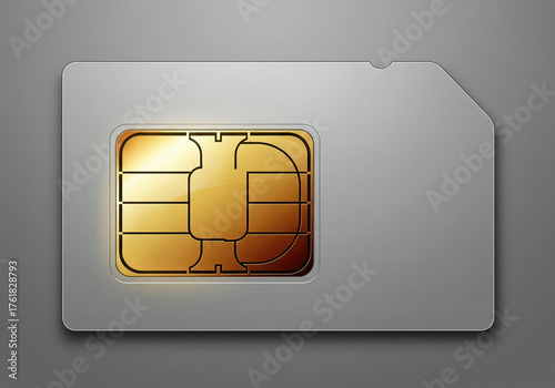 Wide format SIM card. Close-up of a gray SIM card with a gold chip. Mobile communication, connectivity, and data transfer.