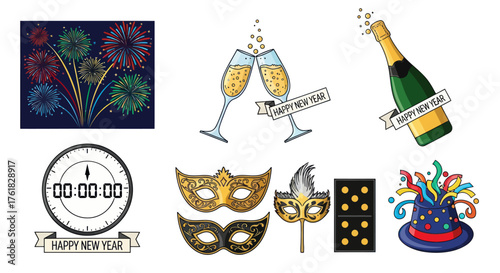Festive Celebration Icons Set: New Year Party Carnival Elements.