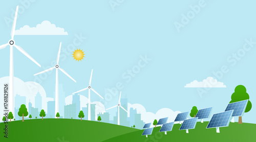 Environmental care and use clean green energy from renewable sources and low carbon concept, Wind power generators or Turbine farm and Solar cells panels, Power generation industry on city background.