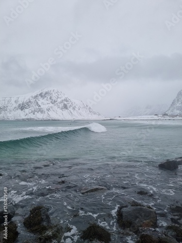 Winter stormy landscape of Skagsanden beach, Flakstad, Lofoten islands, Norway, Europe	
