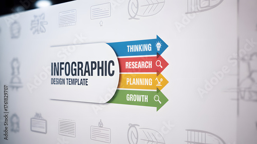 Dynamic infographic design template showcasing thinking, research, planning, and growth for strategic presentations and modern marketing materials now!