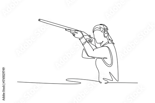 Continuous one line drawing attractive woman, a shooting athlete, is aiming a shotgun with intense focus and a ready stance, wearing ear protection. Single line draw design vector graphic illustration