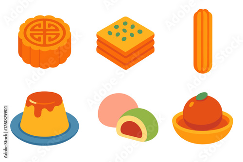 Cultural desserts flat icons: mooncake, baklava, churro, flan, mochi, gulab jamun.