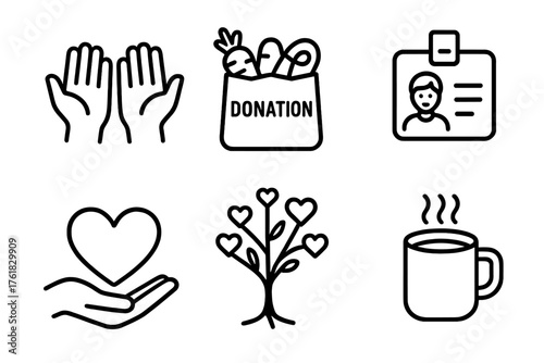 Thanksgiving Giving outline icon set: open hands, food donation bag, blanket gift, volunteer badge, heart symbol, giving tree, bread loaf, warm drink cup. , , High resolution,