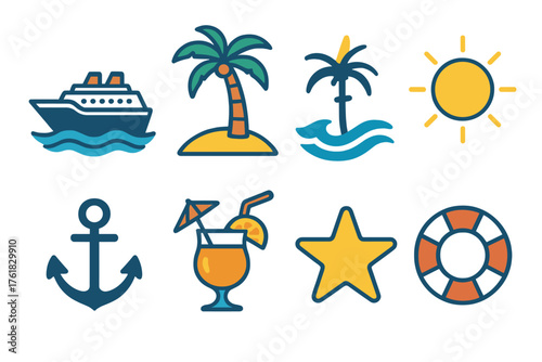 Luxury Cruises flat icons: ship, palm tree, wave, sun, anchor, cocktail, star, lifebuoy.