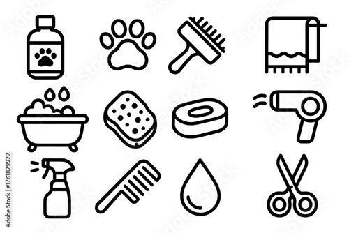 Grooming Bath outline icon set: shampoo, paw print, brush, towel, bathtub, sponge, soap bar, dryer, spray bottle, comb, water droplet, scissors.