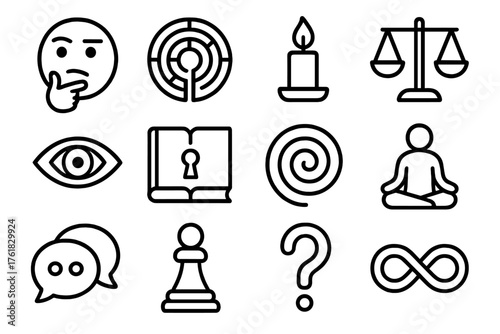 Philosophical curiosity outline icon set: thinking face, labyrinth, candle flame, balance scales, eye symbol, book with keyhole, spiral, chess piece, dialogue bubble, meditating