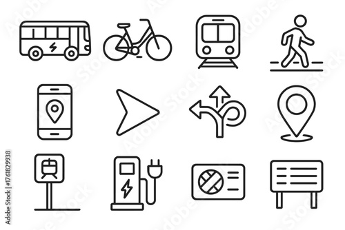 Seamless Transport outline icon set: electric bus, shared bike, metro train, footpath, app screen, navigation arrow, interchange hub, GPS pin, transit sign, charging dock, travel
