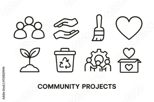 Community Projects outline icon set: group circle, helping hands, paintbrush, heart icon, leaf sprout, recycling bin, teamwork gear, donation box.