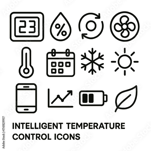 Intelligent Temperature Control outline icon set: digital display, humidity sensor, auto mode, fan icon, thermometer, schedule icon, snowflake, sun icon, phone interface, chart