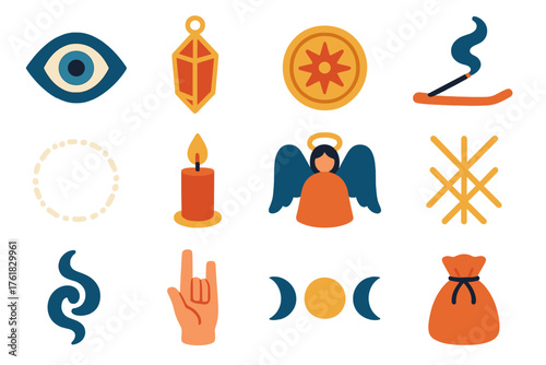 Mystic Protection Collection flat icons: evil eye, crystal amulet, talisman, burning incense, salt circle, candle, guardian angel, protection sigil, smoke swirl, hand gesture, moon