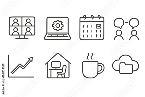 Remote Work set of icons in doodle hand-drawn vector style: online conference, laptop setup, calendar schedule, teamwork chat, productivity graph, home desk, coffee cup, cloud