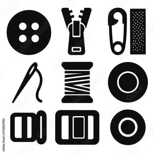 Creative Fasteners silhouette set: button, zipper, safety pin, Velcro strip, sewing needle, thread spool, buckle, snap button.