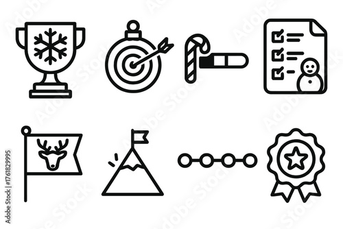 Festive Goal Milestones outline icon set: snowflake trophy, ornament target, candy cane progress bar, frosty checklist, reindeer flag icon, glowing mountain peak, holiday timeline,