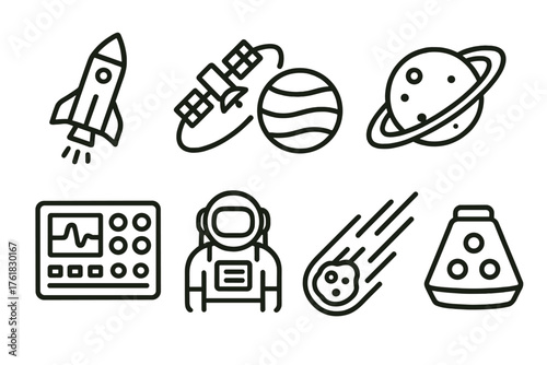 Deep Space Missions outline icon set: rocket icon, satellite orbit, distant planet, rover vehicle, control panel, astronaut suit, comet trail, space capsule. , , High resolution,