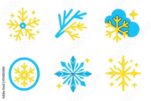 Festive Snowflakes — elegant duotone set flat isometric set: glowing flake, frozen branch, shimmer cluster, soft drift, radiant sparkle, icy halo, crystal burst, star flurry.